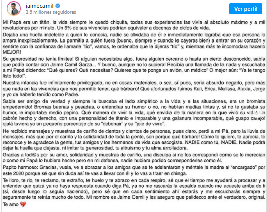 EMOTIVA CARTA DE JAIME CAMIL A SU PADRE RECIEN FALLECIDO - Sol Yucatán